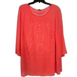 Cal Style New Vibrant Coral Pink Cutout Sheer Sleeve Chiffon Tunic Top Size 2X